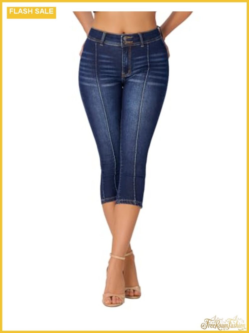 Women's Mid Rise Skinny Stretch Capri Denim Jeans Double Button